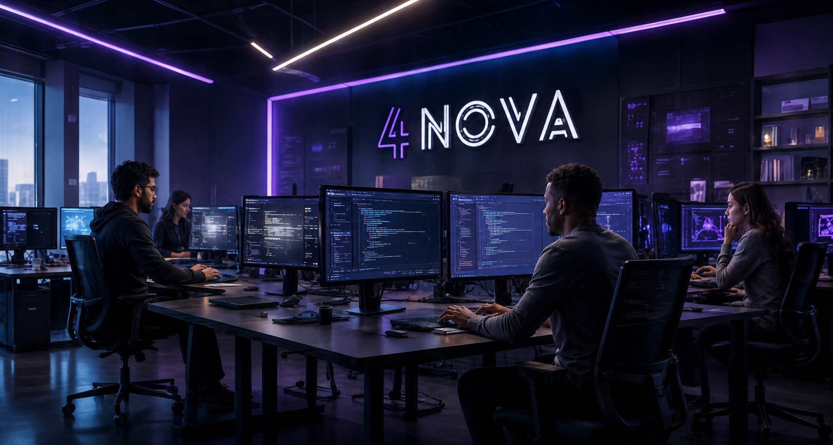 Oficina tecnológica de 4NOVA con pantallas y ambiente moderno